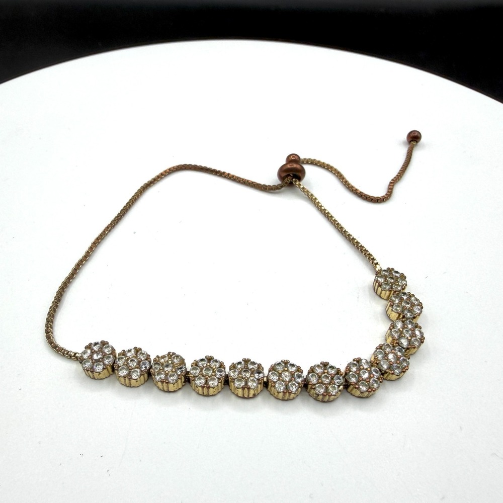 Gold Tone Crystal Flower Cluster Adjustable Slider Bracelet Statement Gift Boho